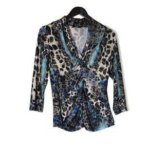 Libra Whimsigoth Y2K Leopard Animal Print Ruched V Neck Top 3/4 Sleeve Size M